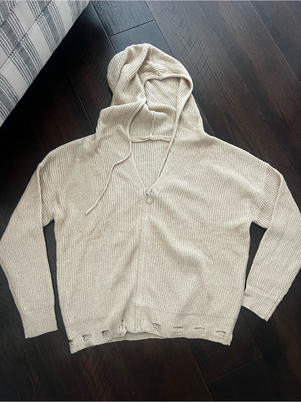 Cream Hooded full Zip Knit Sweater